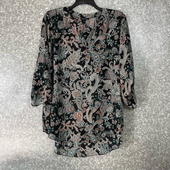 Sami & Jo Women's Boho Chic Black Floral Tunic Length Top - Size XL - Roll Tab - Picture 1 of 6